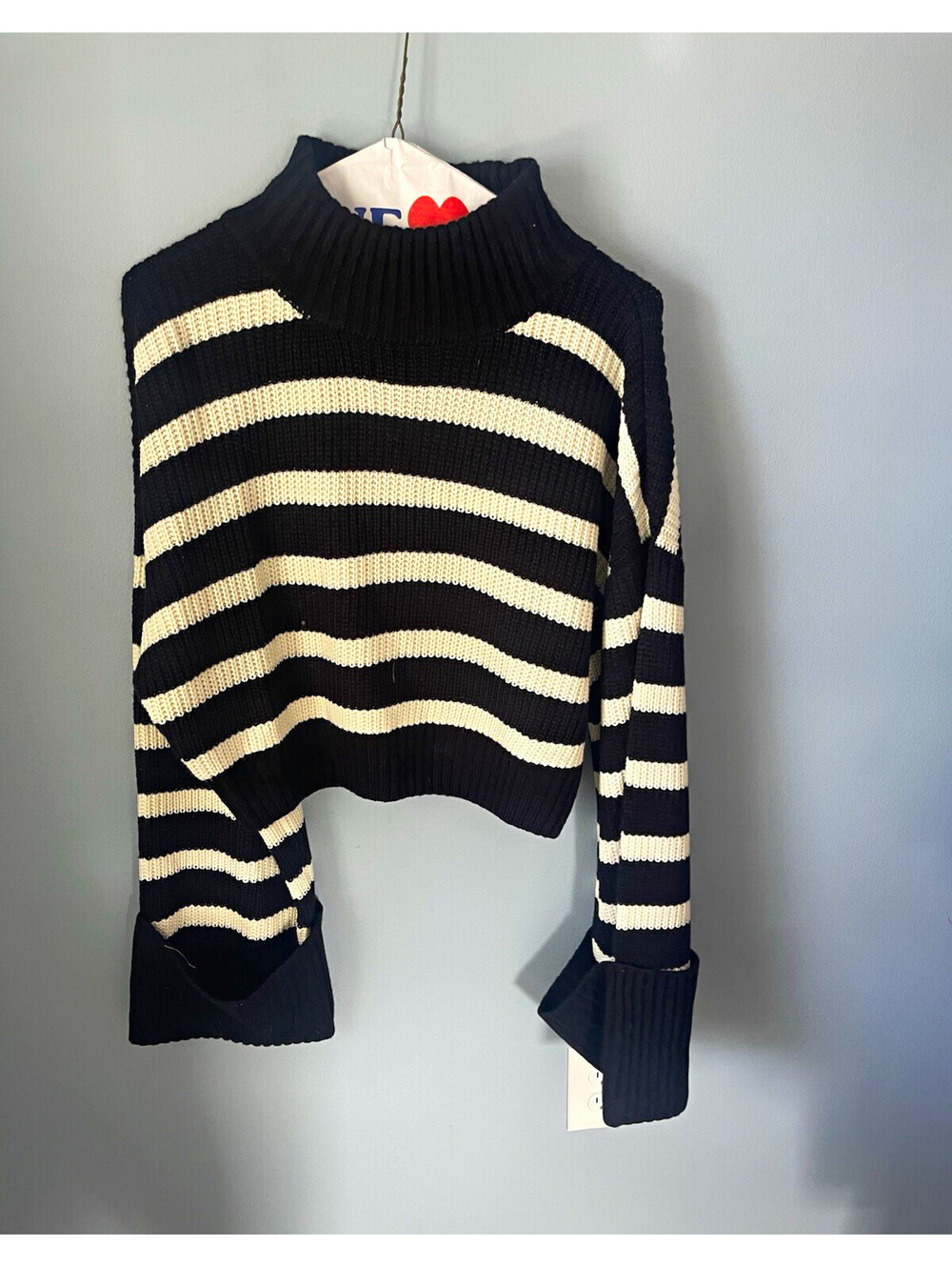 WEWOREWHAT Women's Black/Ivory Striped Knit Mock Neck Cropped Pullover Sweater S